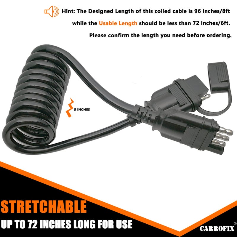 CARROFIX 4 Way Flat Trailer Wire Extension 6 FT Long Trailer 4 Pin Coiled Cable Wiring Harness with Male & Female Connector - Image 3